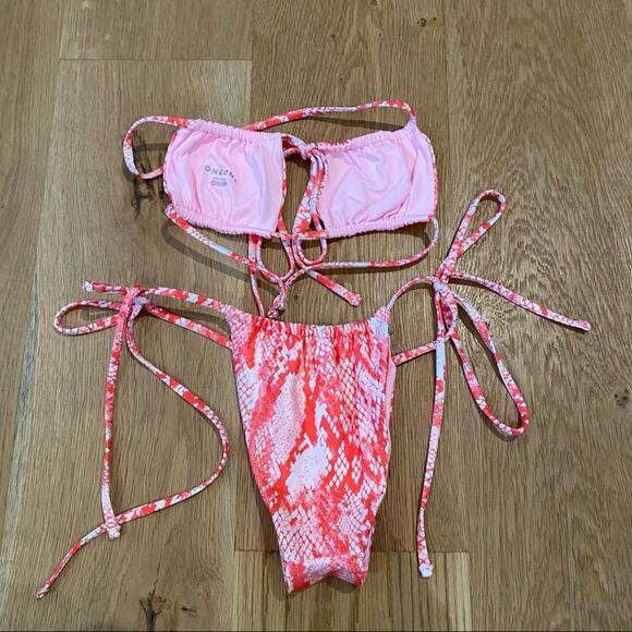 One One Swimwear - Nick Top and Cheeky Bottoms in Red Pink Snakeskin - Picture 2 of 6